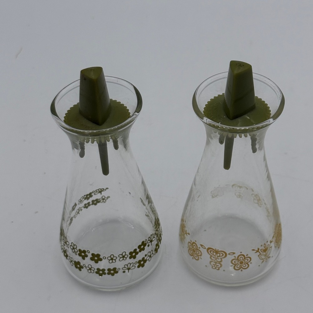Vintage Pyrex Butterfly Gold and Spring Blossom Green Glass S & P ShakerSet of 2
